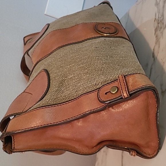 Fossil Vintage Revival Tan Leather Sage Canvas Top Handles Satchel Shoulder Bag - Picture 5 of 16